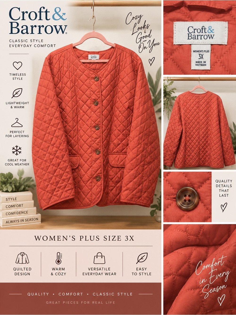 Croft & Barrow 3X Plus Size Coral Quilted Barn Jacket Button Front Coat